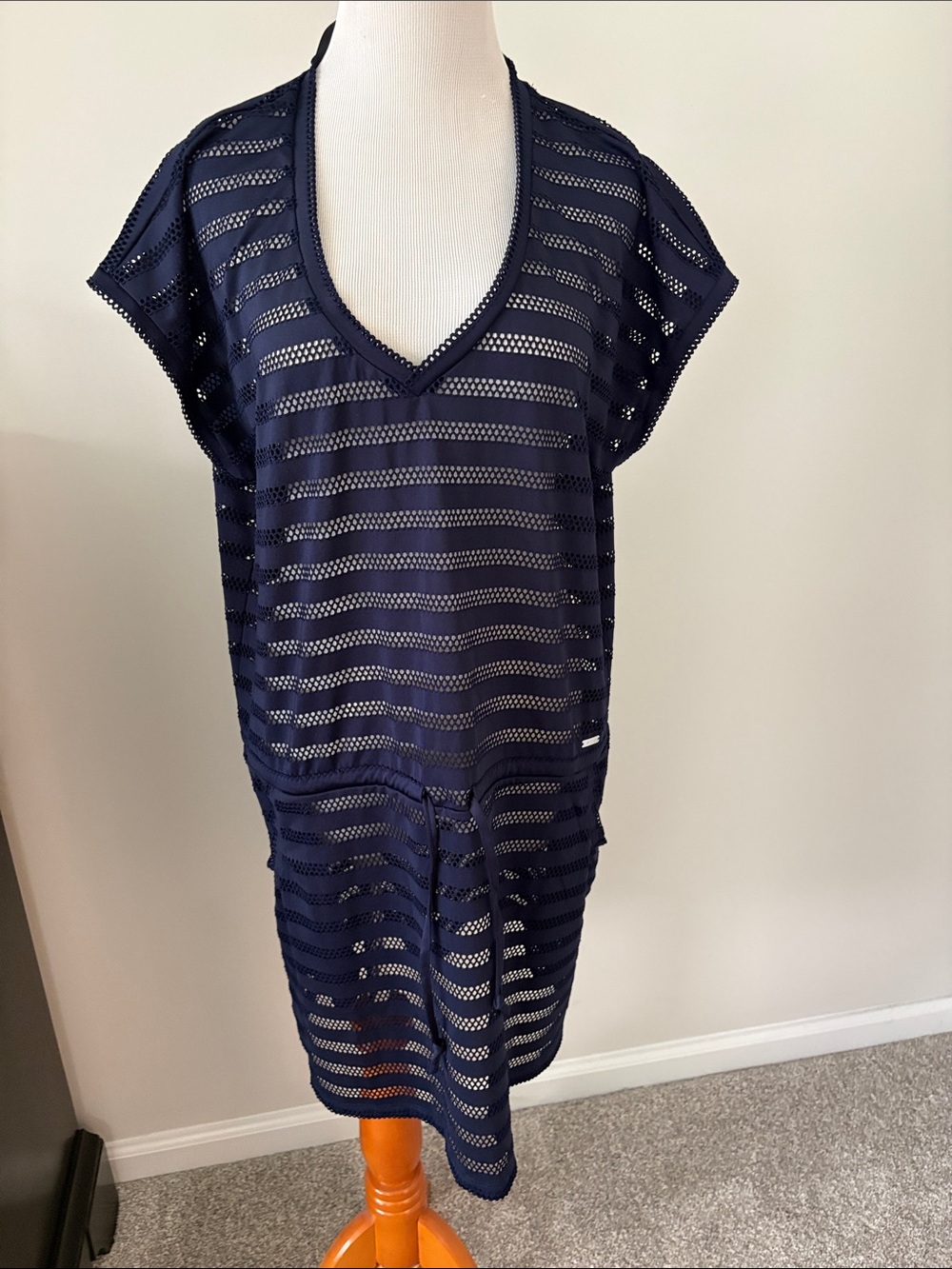 Calvin Klein Navy Open-Weave V-Neck Swim Coverup